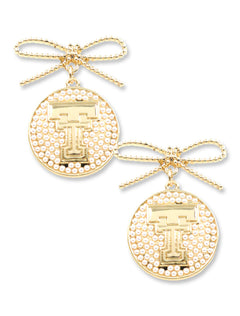 Pair of gold Texas Tech earrings with a beaded bow at the post and a pearl-rimmed medallion below carrying a raised gold Double T