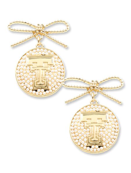 Pair of gold Texas Tech earrings with a beaded bow at the post and a pearl-rimmed medallion below carrying a raised gold Double T