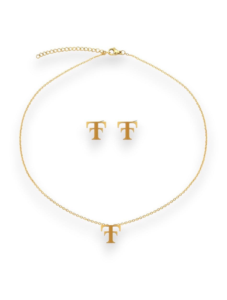 Gold plated Texas Tech vault Double T necklace on a fine chain with matching stud earrings, shown as a set