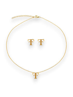 Gold plated Texas Tech vault Double T necklace on a fine chain with matching stud earrings, shown as a set