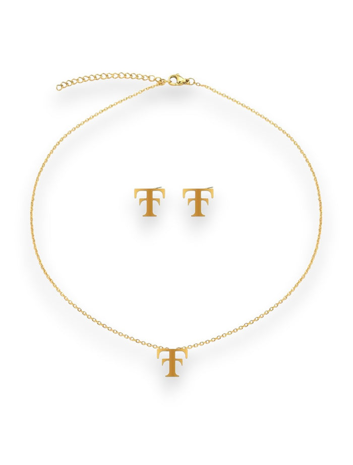 Gold plated Texas Tech vault Double T necklace on a fine chain with matching stud earrings, shown as a set
