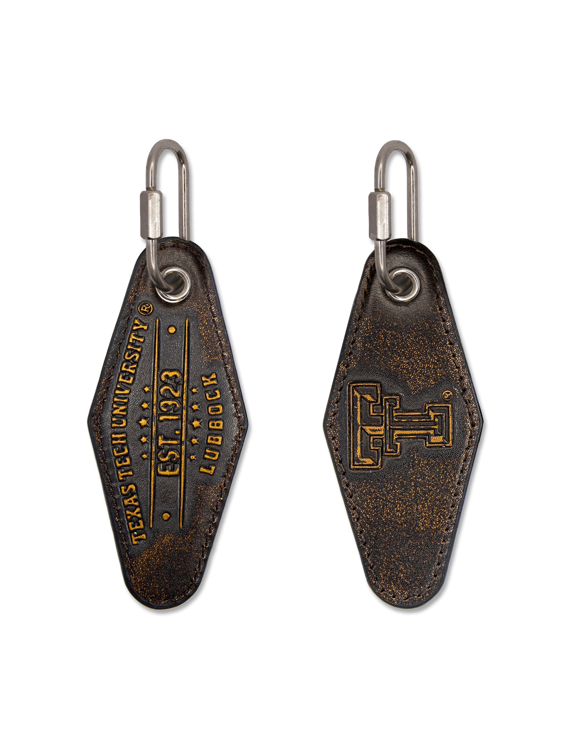 Texas Tech Red Raiders burnished antique brown leather keychain shaped like a vintage motel key fob, debossed with Texas Tech University, Lubbock, Est. 1923 and the throwback Double T