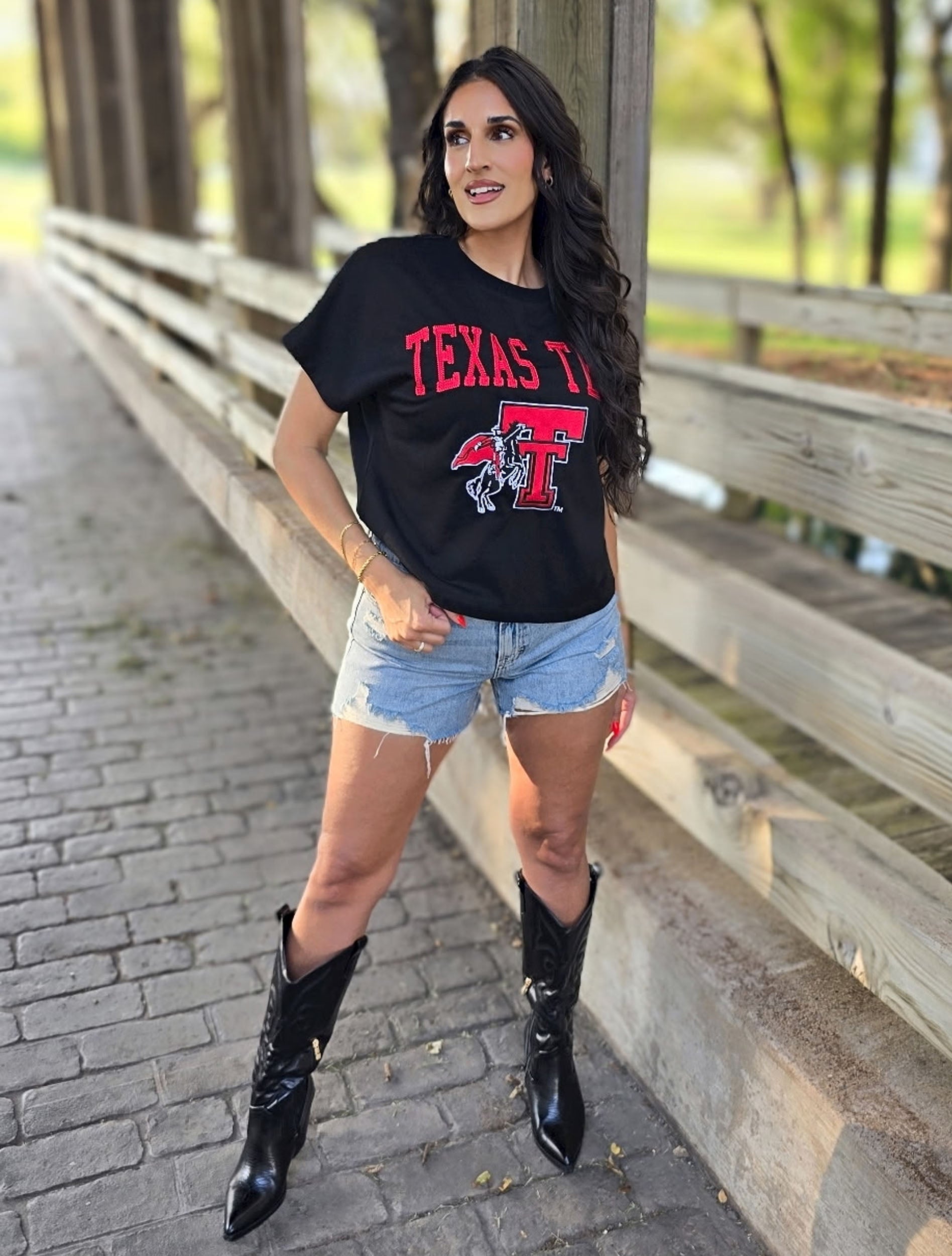 Texas Tech Red Raiders black French terry women's blouse with a chainstitched vault Double T and Horse & Rider on the front chest