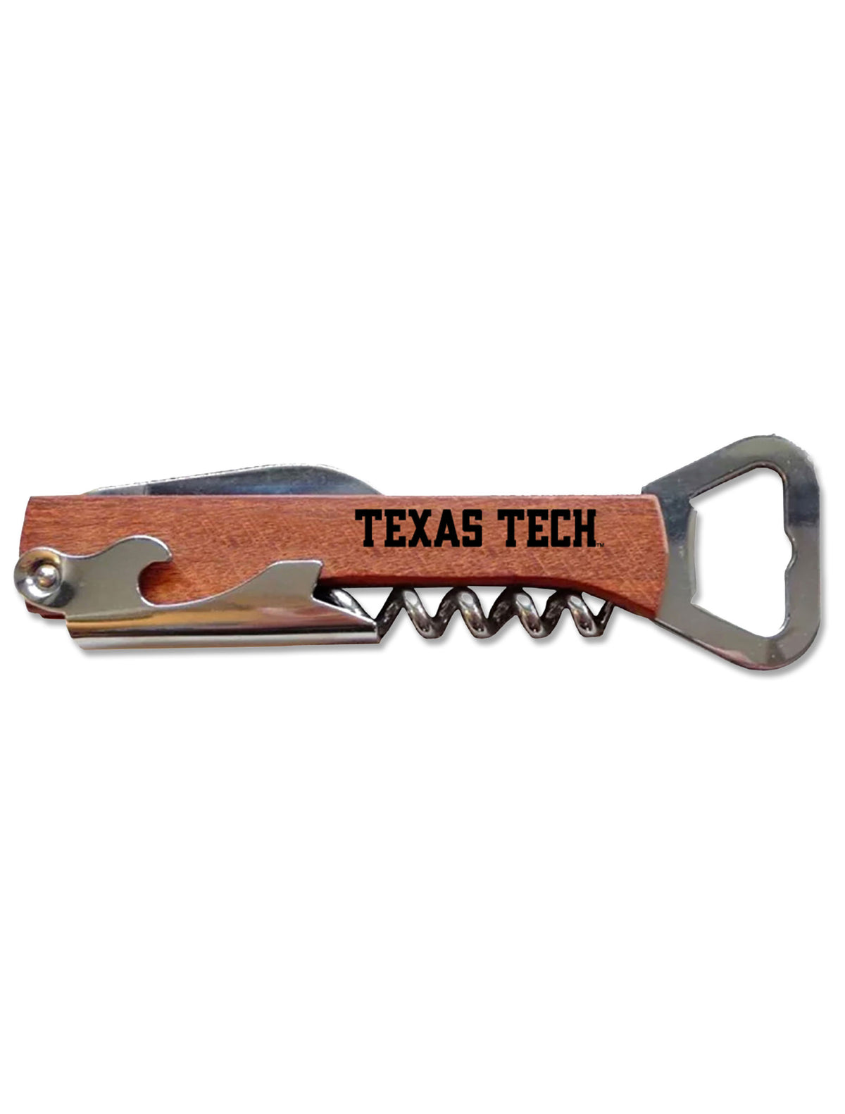 Texas Tech wood handle corkscrew with bottle opener and foil knife