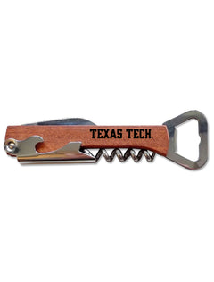 Texas Tech wood handle corkscrew with bottle opener and foil knife