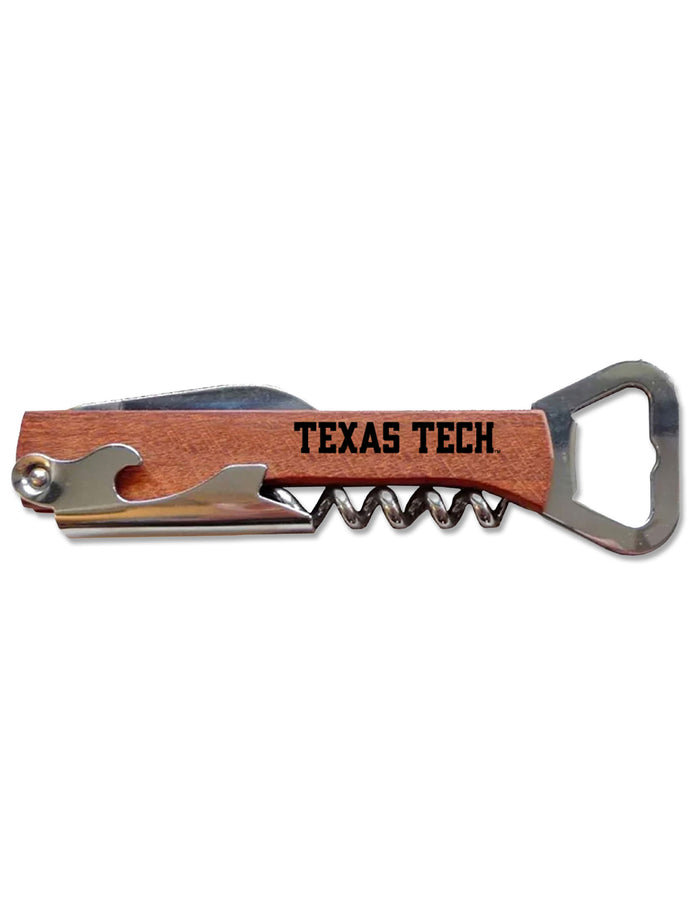 Texas Tech wood handle corkscrew with bottle opener and foil knife