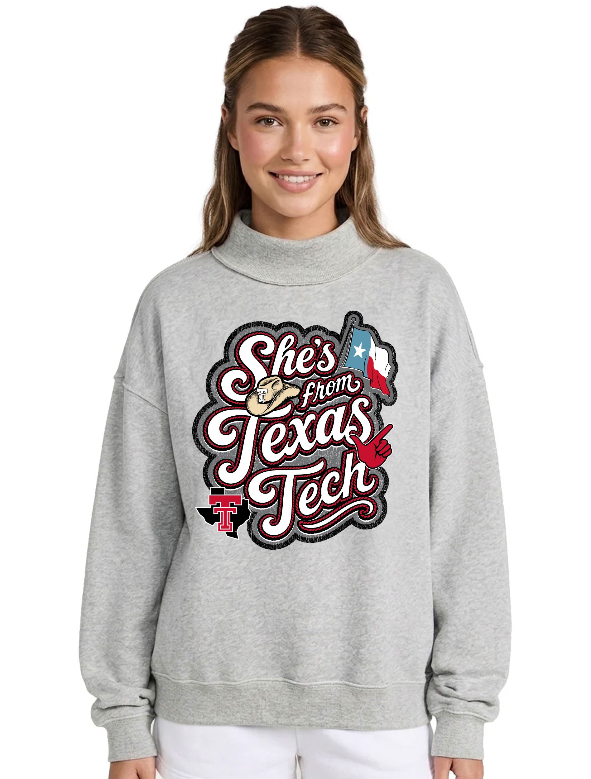 Texas Tech Red Raiders heather grey mock neck sweatshirt with a "She's from Texas Tech" rope-script graphic, cowboy hat, Texas flag, and Guns Up hand