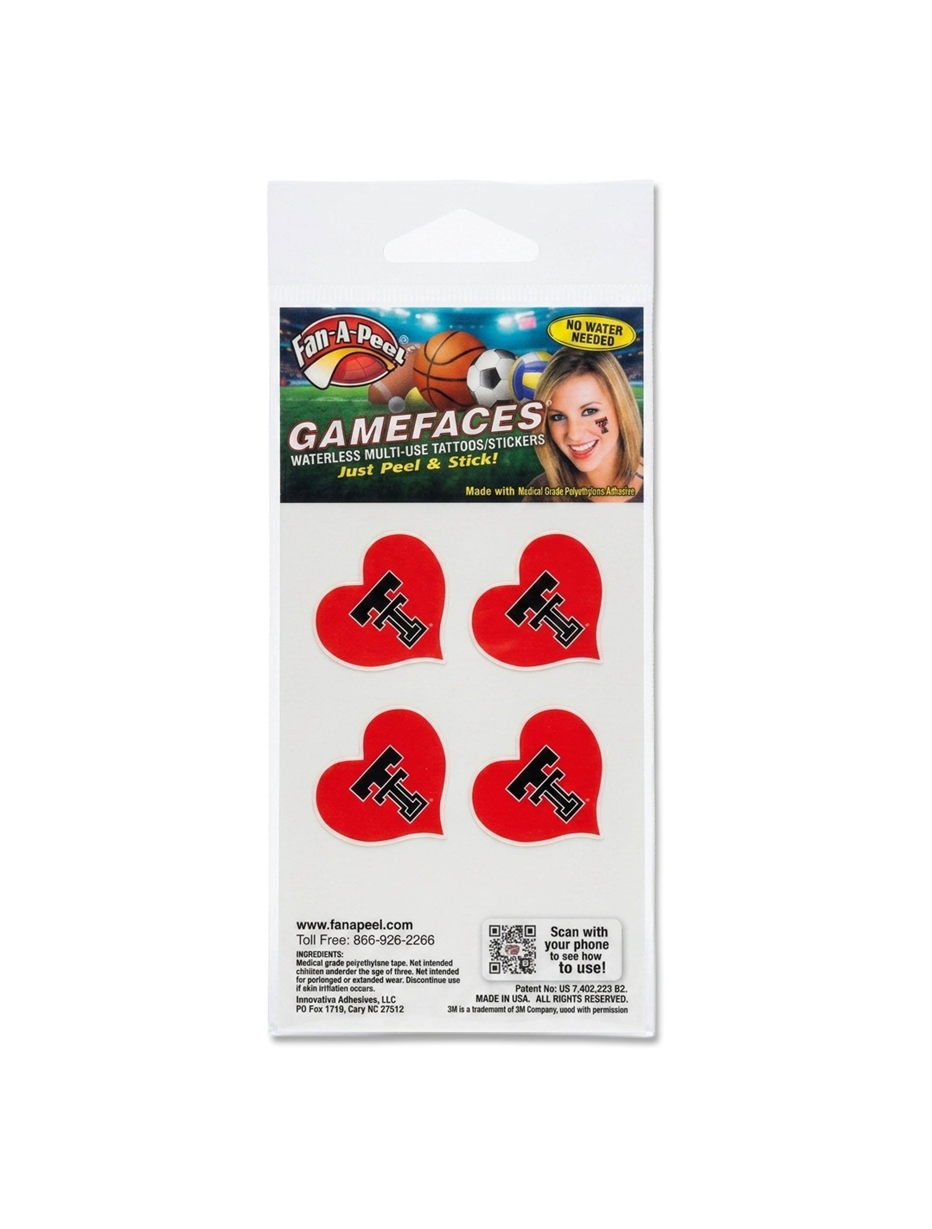 Texas Tech Red Raiders Double T heart face tattoos, 4-pack of red hearts with a black Double T, waterless peel-and-stick