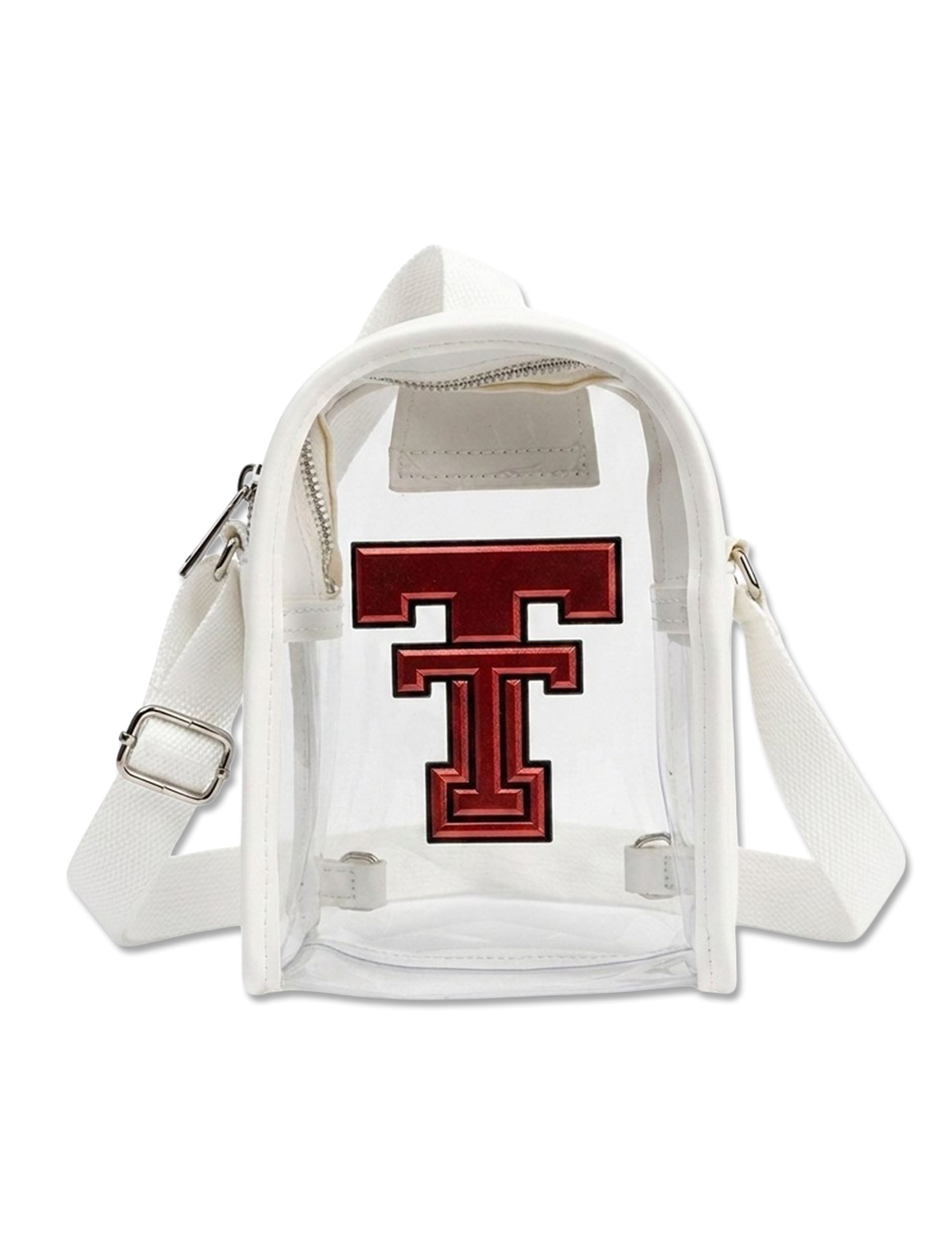 Clear Texas Tech mini backpack with white trim, a silver zip closure, an adjustable white webbing strap, and a raised red Double T on the front