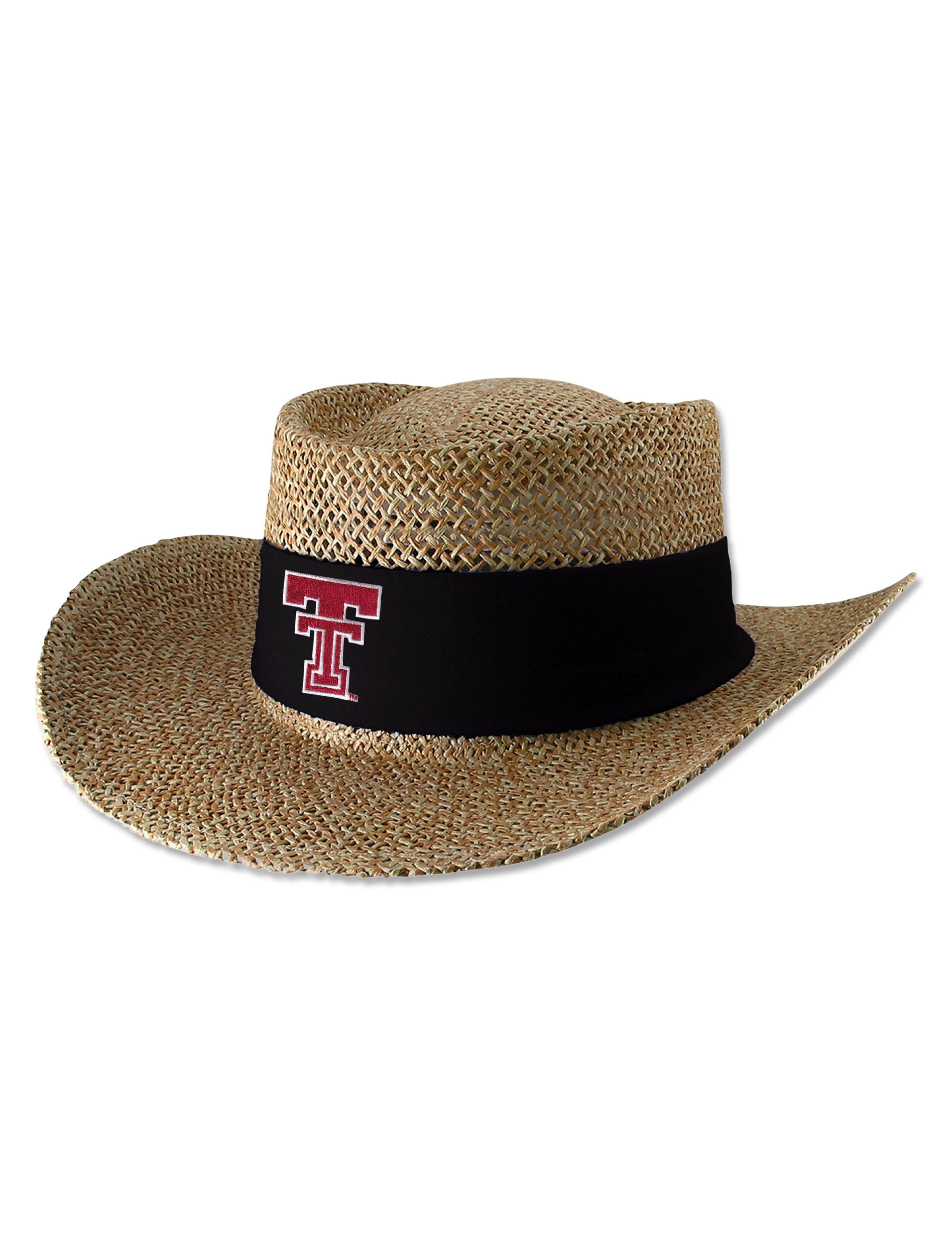 Natural twisted straw hat with a wide brim and a black band carrying an embroidered Texas Tech Double T