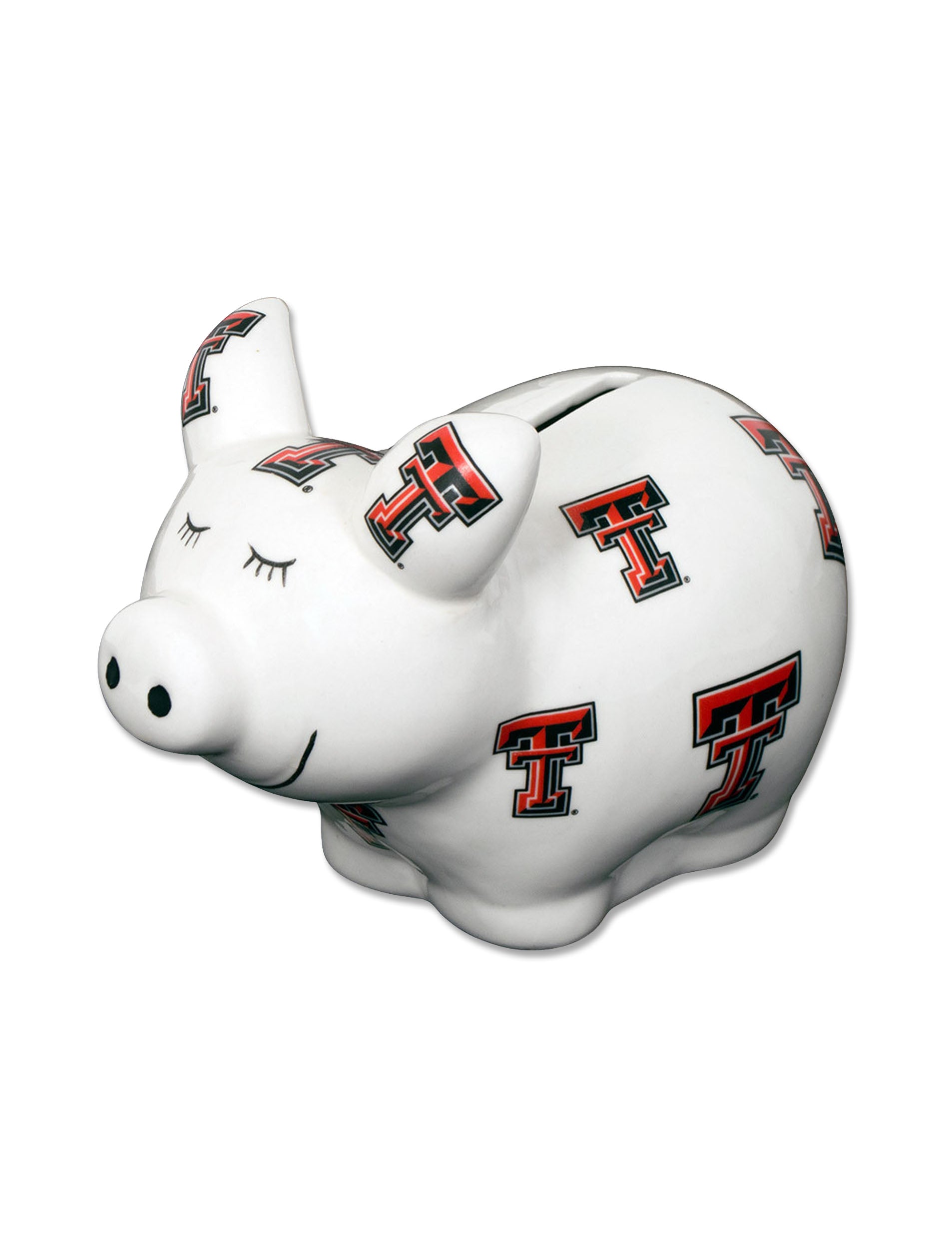 White ceramic pig shaped bank covered in red and black Double T marks, including on both ears, with painted lashes and a smile