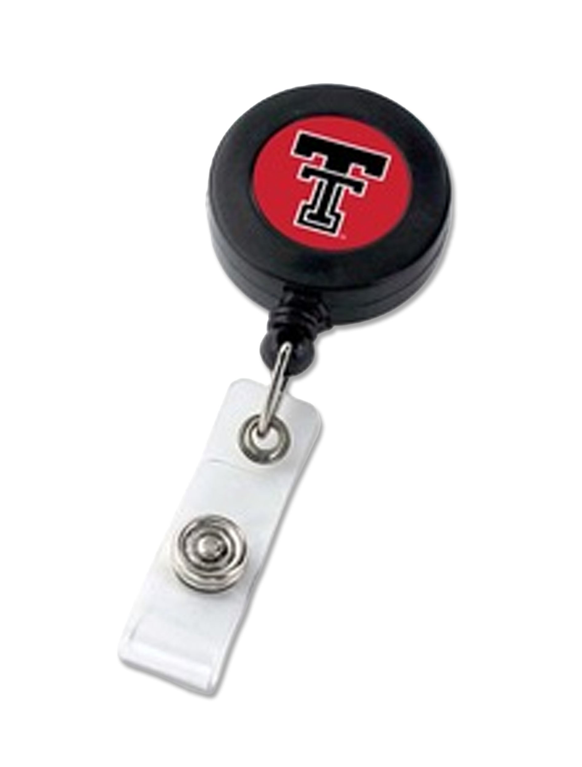 Texas Tech retractable badge reel with a black and white Double T on a red face in a black housing, with a snap fastened vinyl strap