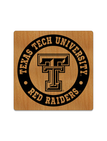 Texas Tech Double T wood coaster with TEXAS TECH UNIVERSITY and RED RAIDERS ring