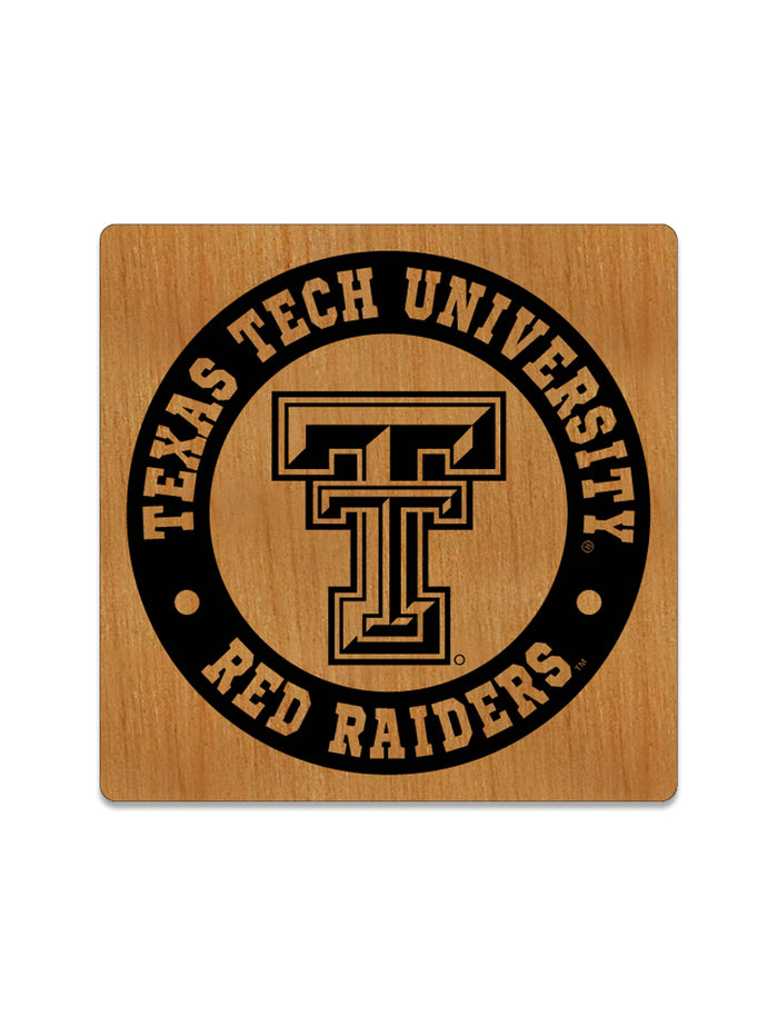 Texas Tech Double T wood coaster with TEXAS TECH UNIVERSITY and RED RAIDERS ring
