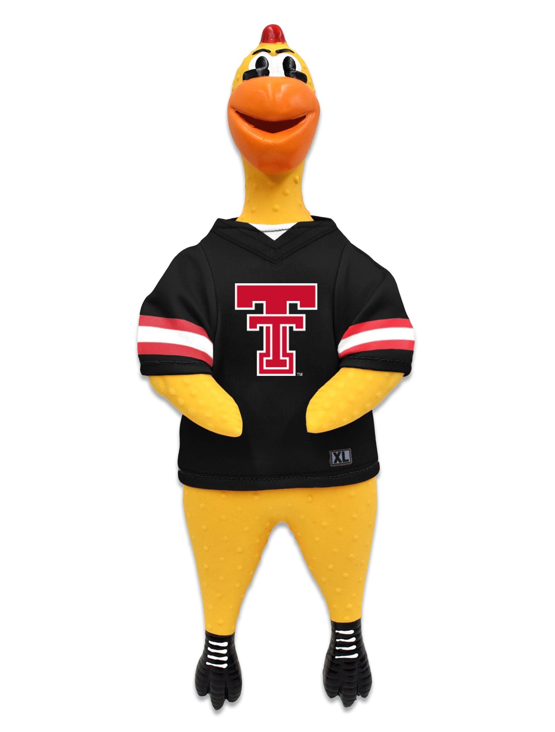 Yellow rubber chicken dog toy in a black Texas Tech jersey with a red Double T on the chest and red and white striped sleeves