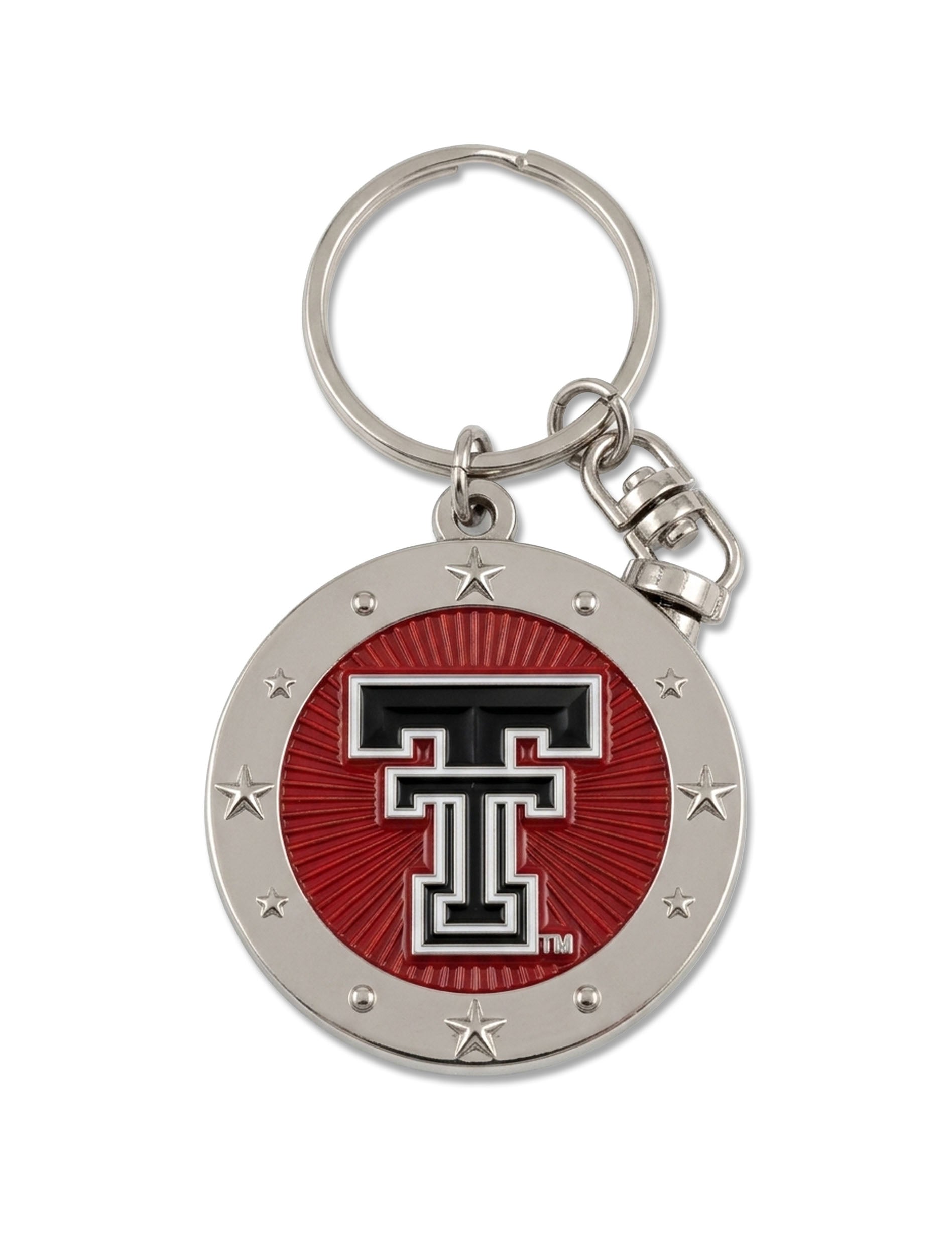 Texas Tech keychain with a black and white Double T on a red starburst inside a silver medallion ringed with stars, on a split ring with a swivel clasp
