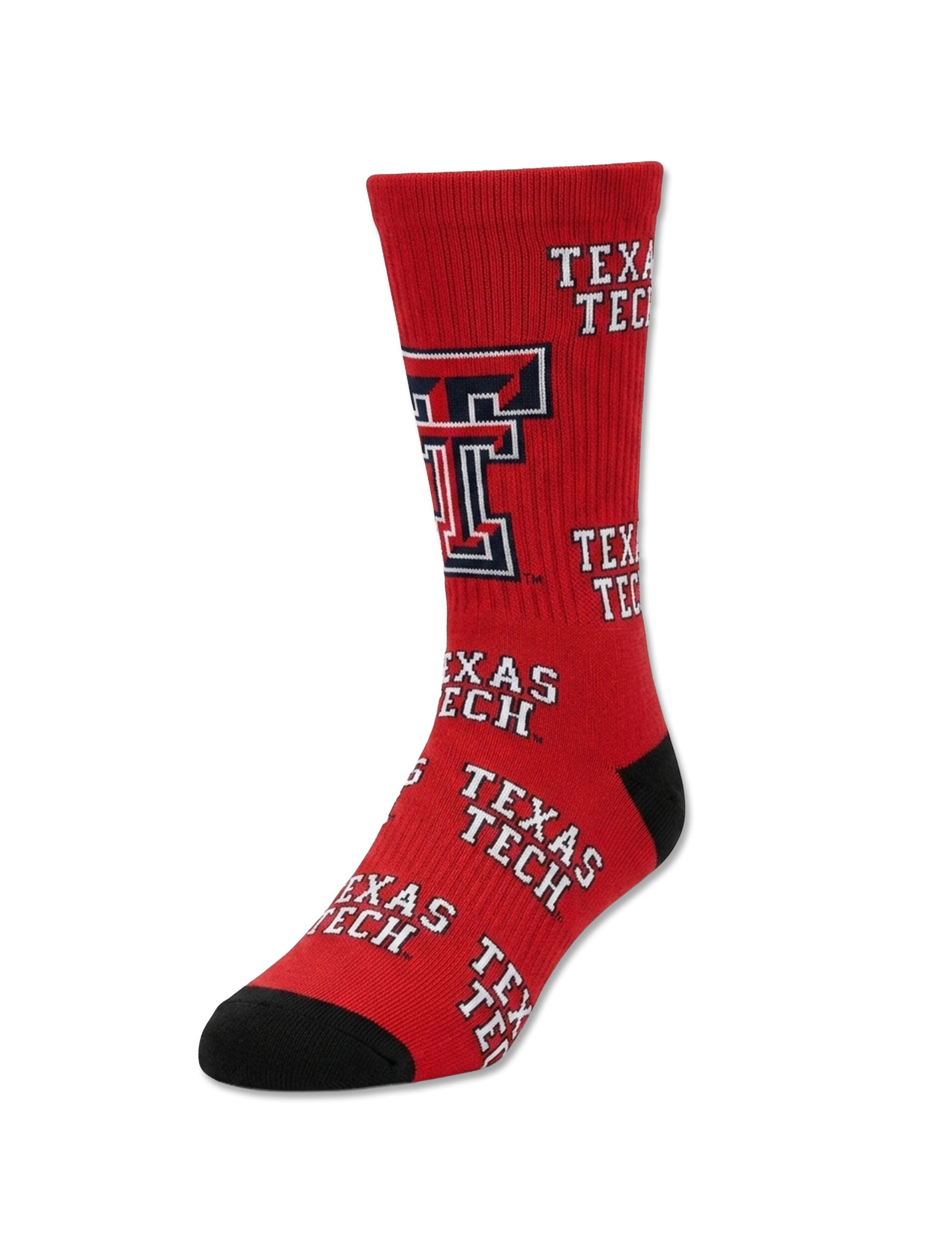 Texas Tech Red Raiders red crew sock with all-over white Texas Tech wordmark print, a large Double T on the calf, and a black heel and toe