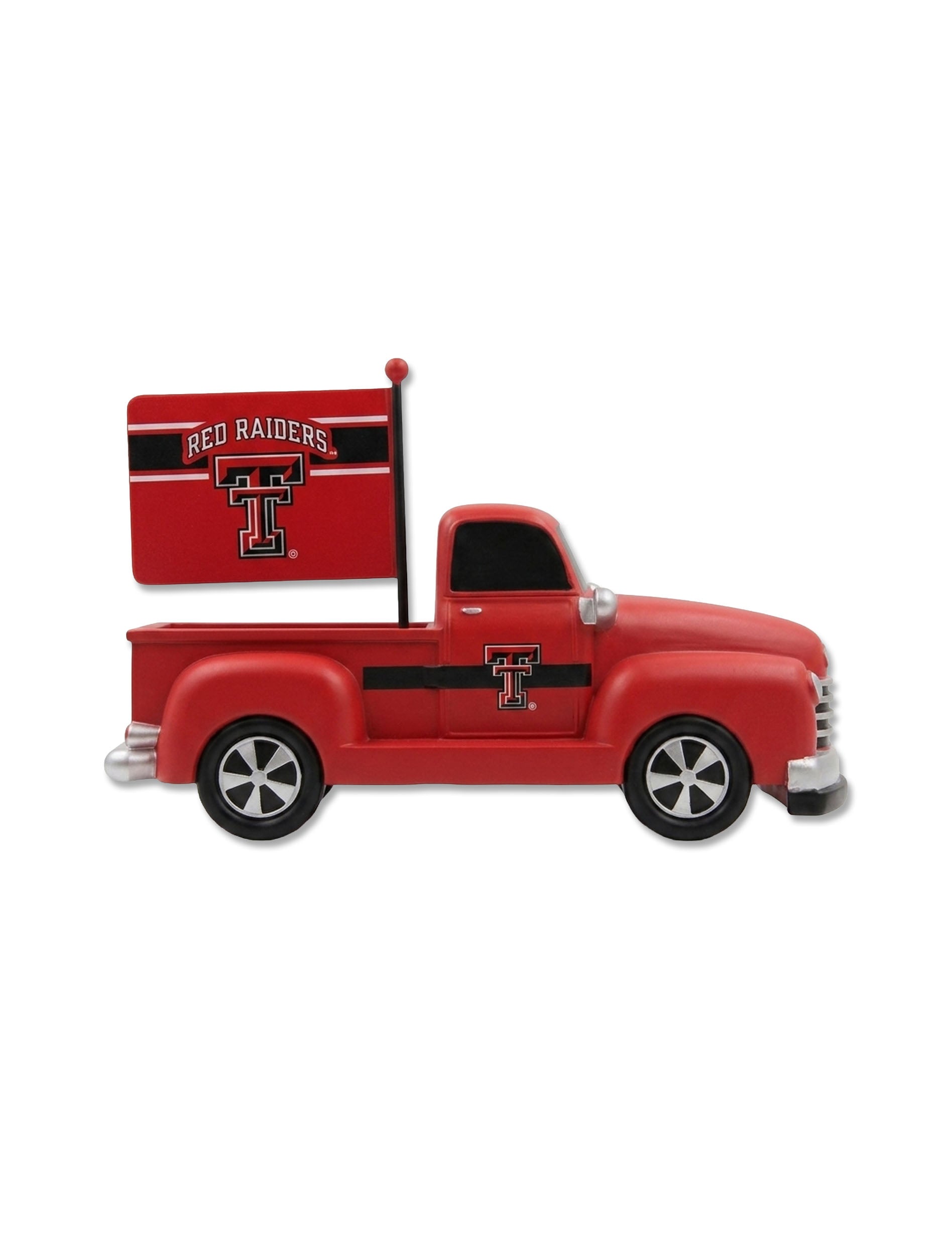 Texas Tech Red Raiders vintage-style red pickup truck resin figurine with a Double T on the door and a Red Raiders flag in the bed