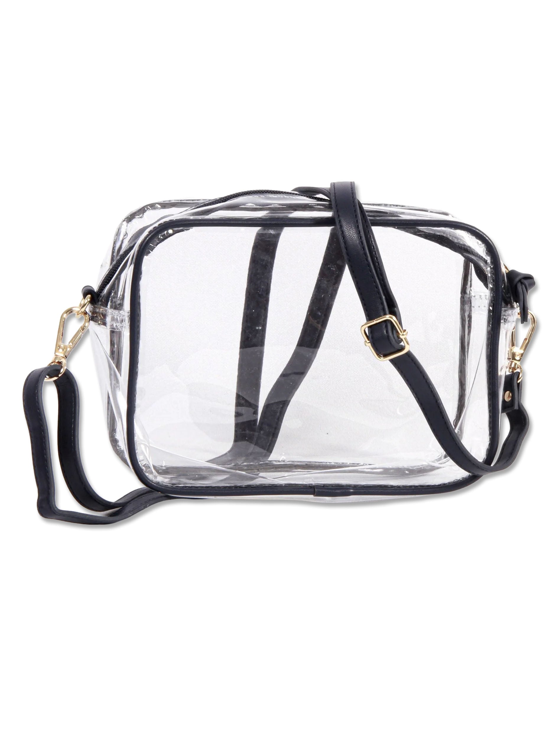 Clear crossbody purse with black trim and gold hardware carried on the slim black vegan leather strap