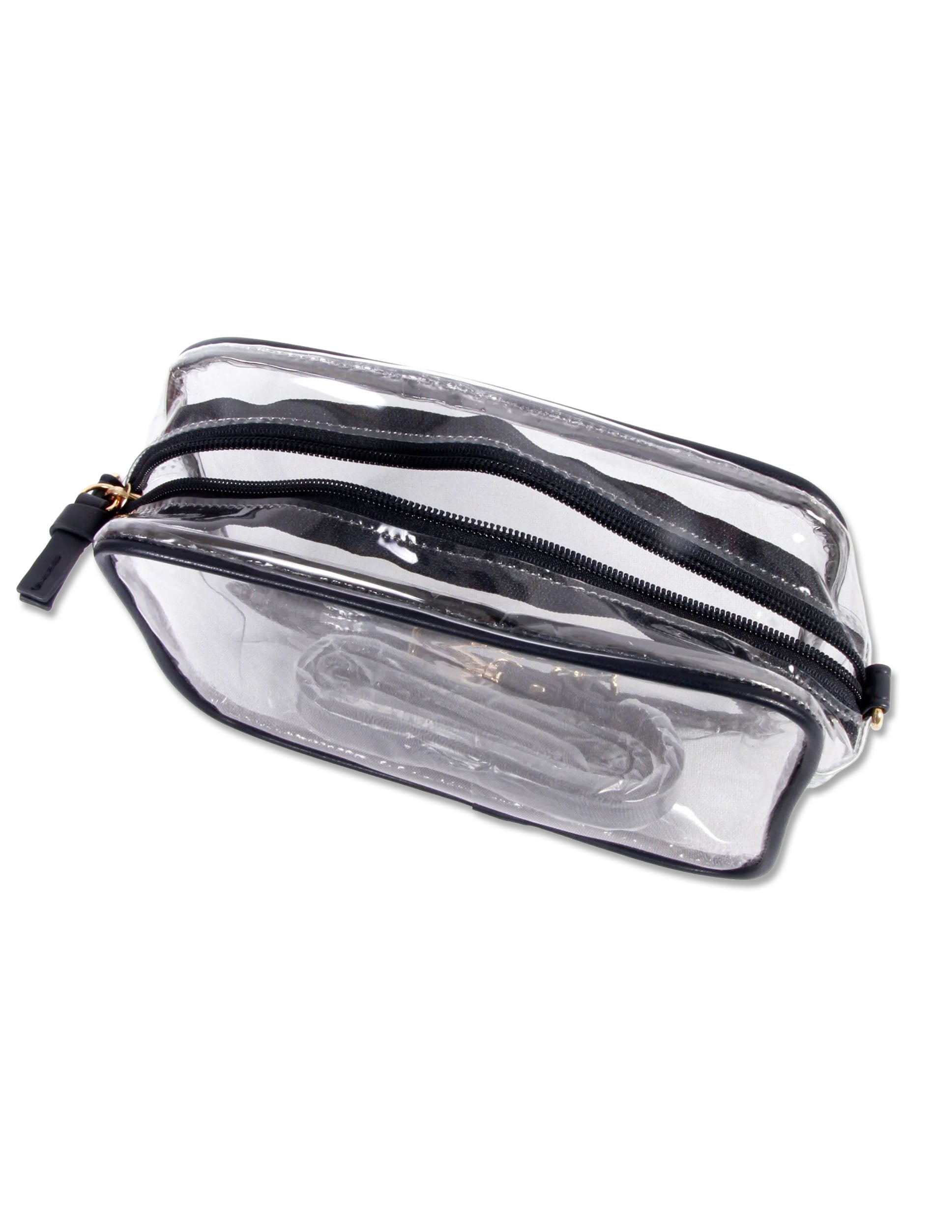 Top view of the clear crossbody purse unzipped, showing the single main compartment with both straps stored inside