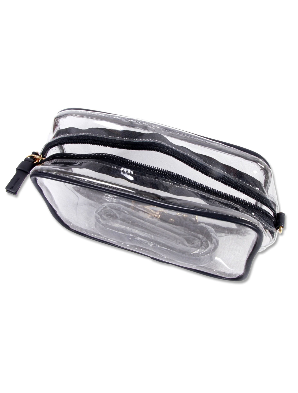 Top view of the clear crossbody purse unzipped, showing the single main compartment with both straps stored inside