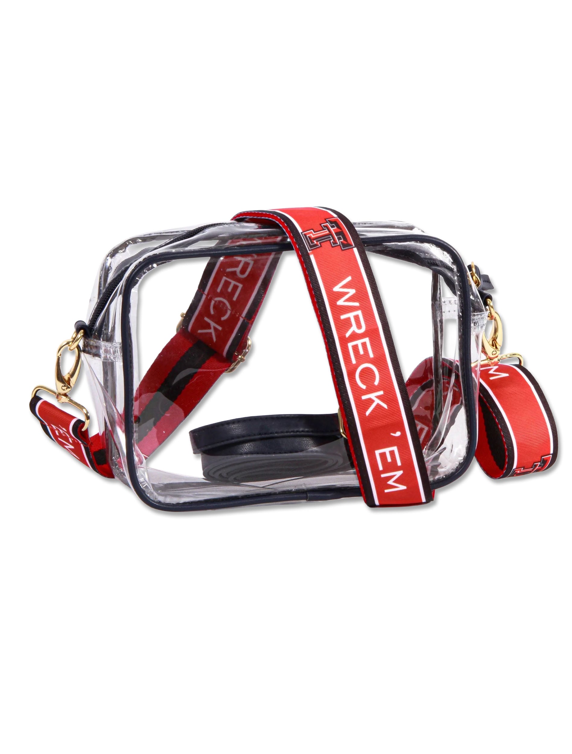 Clear Texas Tech crossbody purse with black trim and gold hardware, shown with both the red Wreck ’Em Tech woven strap and the slim black vegan leather strap