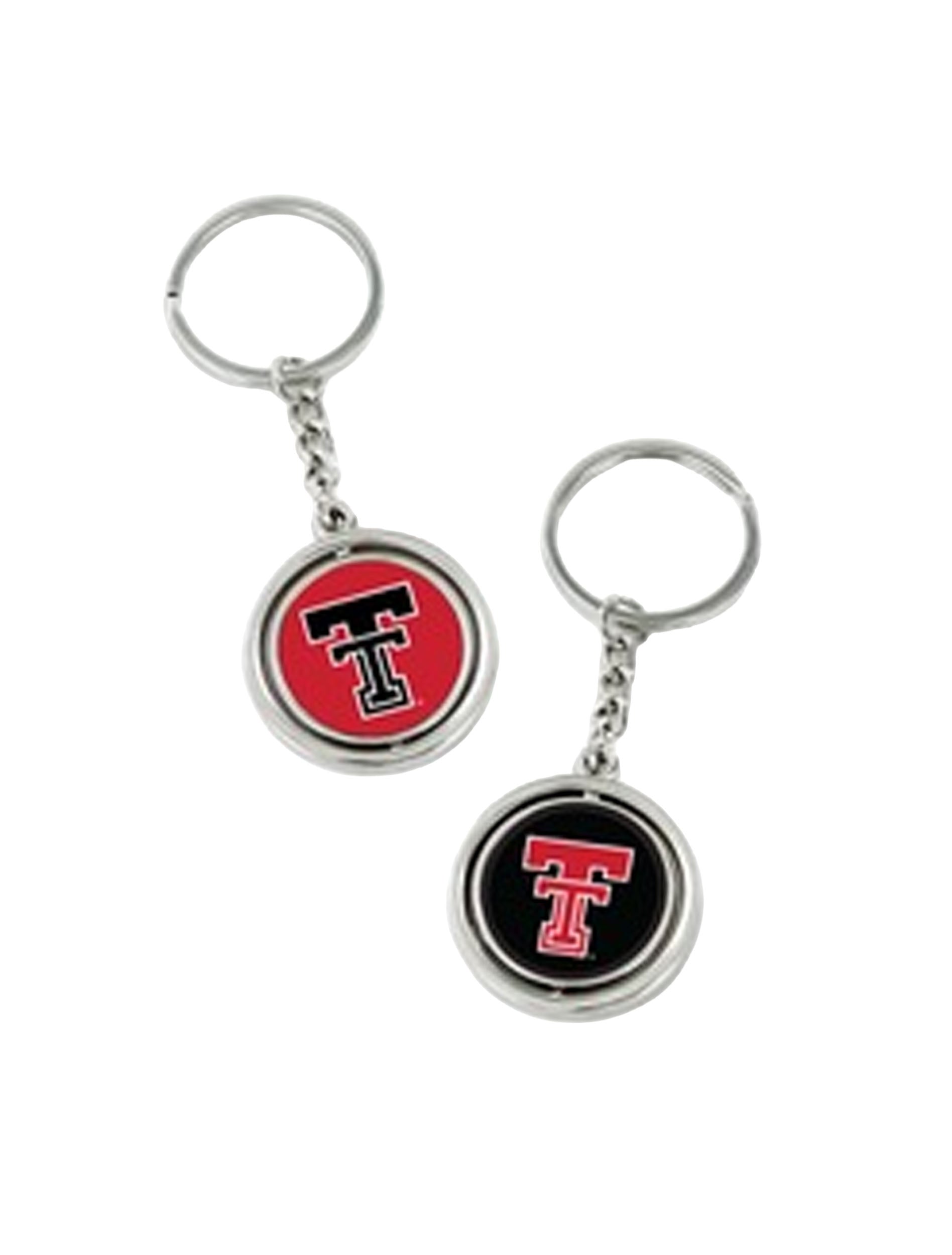 Texas Tech spinner keychain shown from both sides, a red face with a black Double T and a black face with a red Double T in a silver frame