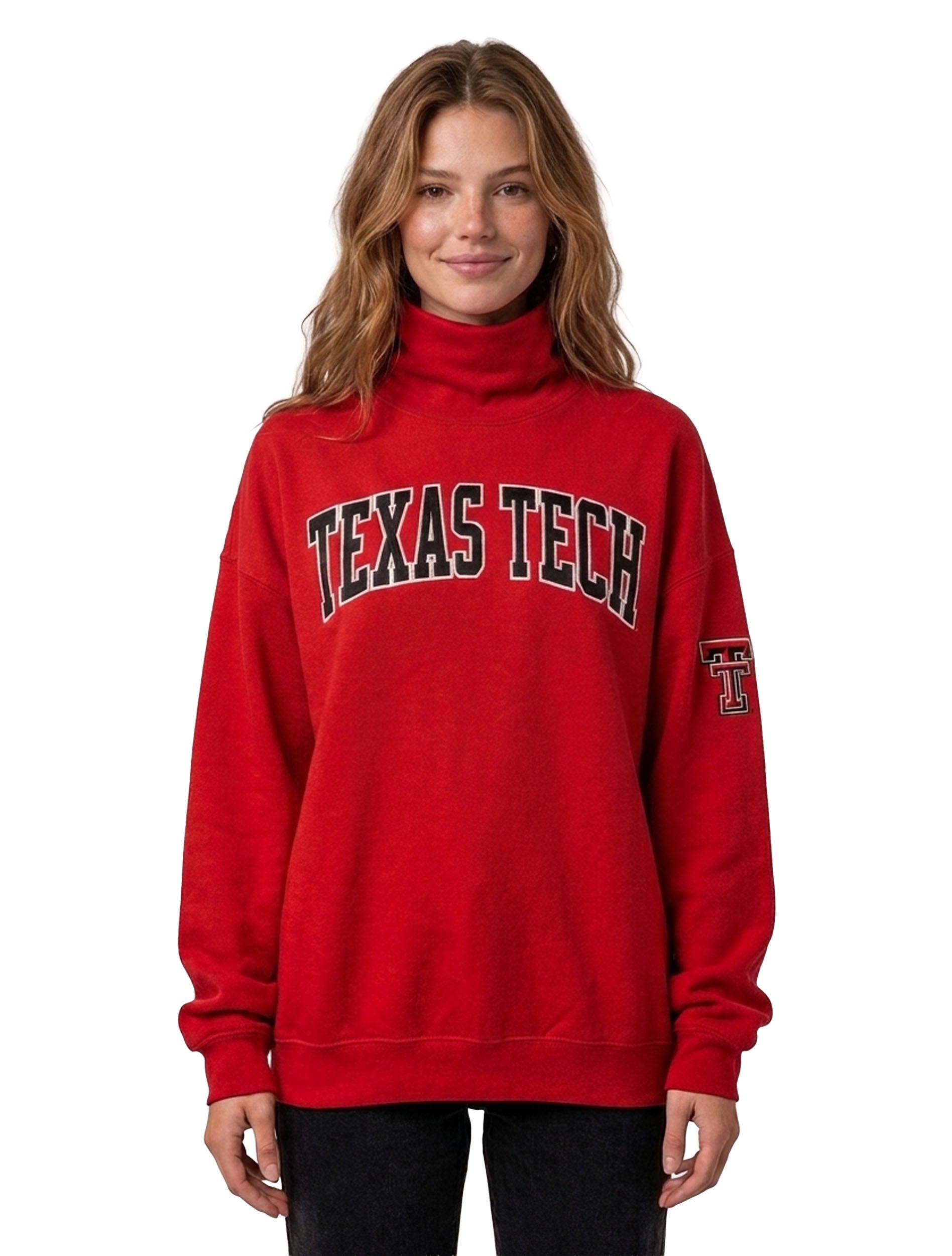 Model wearing a red turtleneck sweatshirt with TEXAS TECH embroidered in black arched across the chest and a throwback Double T on the left sleeve
