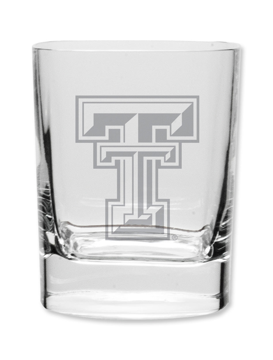 Texas Tech Etched Double T on an 11.75 oz Square Double Old Fashion Glass