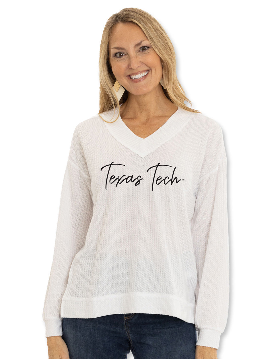 Texas Tech Flocked "Waverly" White Waffle Knit Top