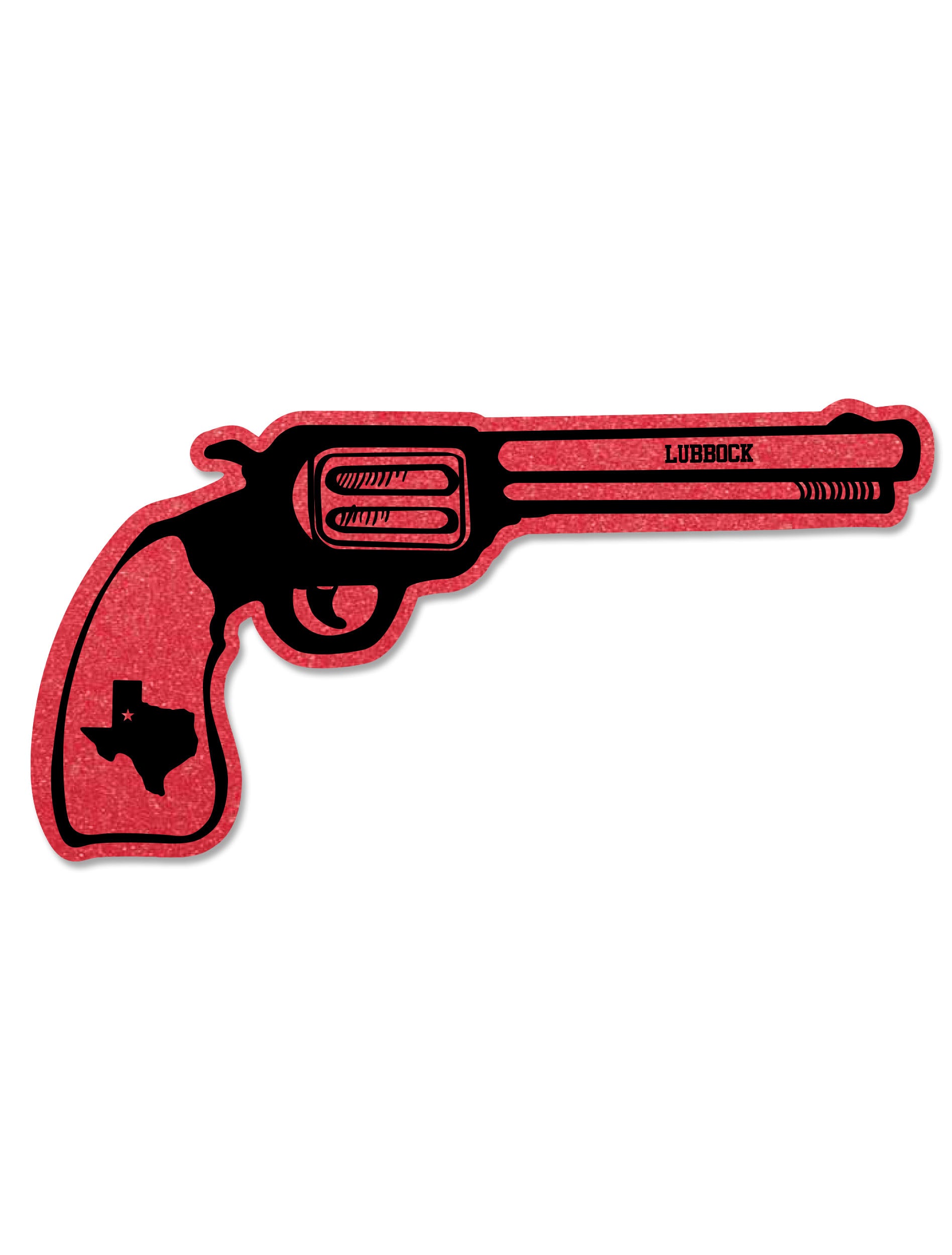 Texas Tech red foam six shooter with black detailing, the state of Texas and a star at Lubbock on the grip and LUBBOCK along the barrel