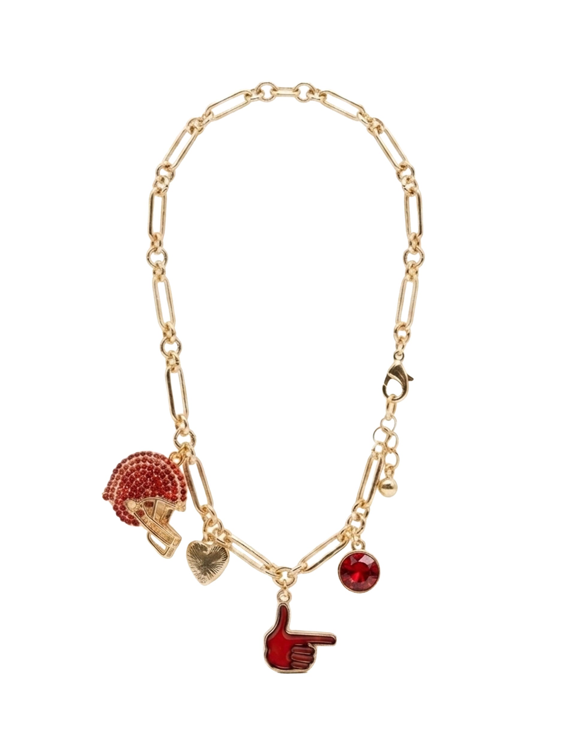 Gold paperclip chain Texas Tech charm bracelet with a red pavé football helmet, a puffed heart, the Guns Up hand in red enamel, and a red crystal