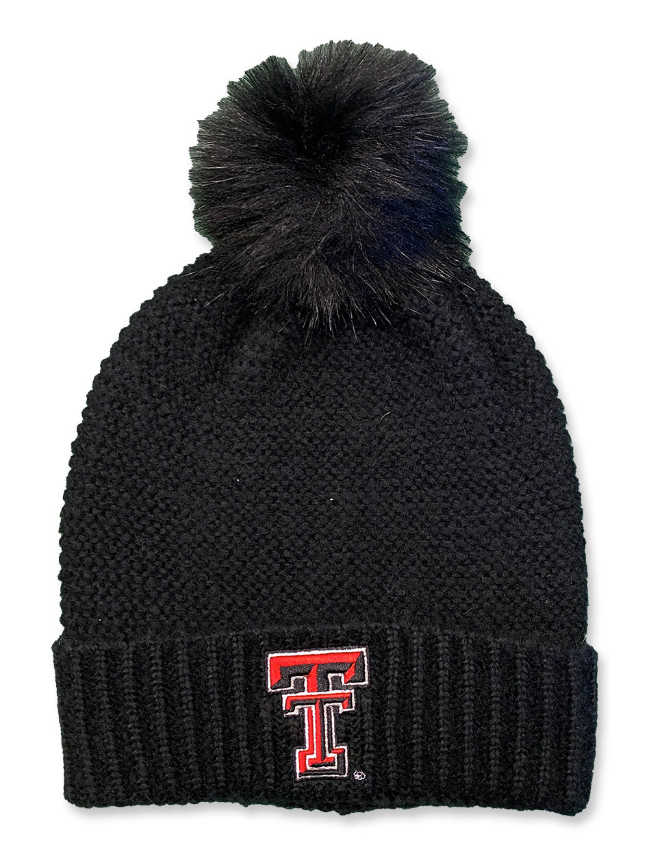 Texas Tech Fur Pompom Knit Black Beanie