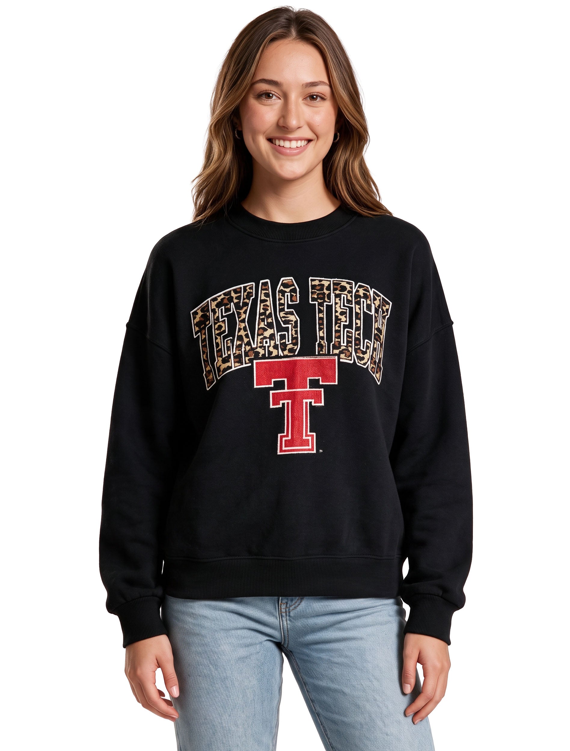 Model wearing the black Texas Tech leopard arch over Vault Double T rhinestone sweatshirt