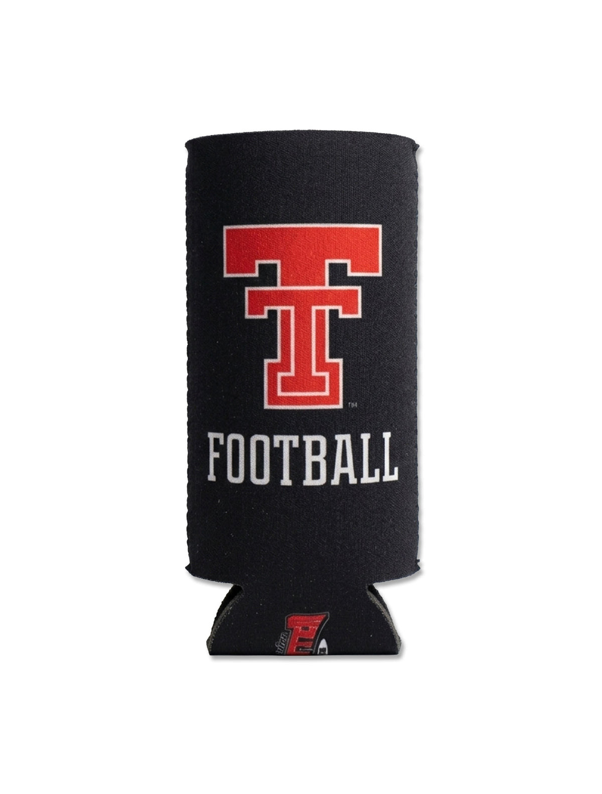 Back of Texas Tech black slim can cooler with a red Double T over FOOTBALL