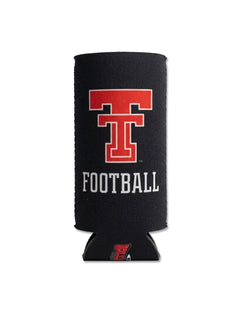 Back of Texas Tech black slim can cooler with a red Double T over FOOTBALL