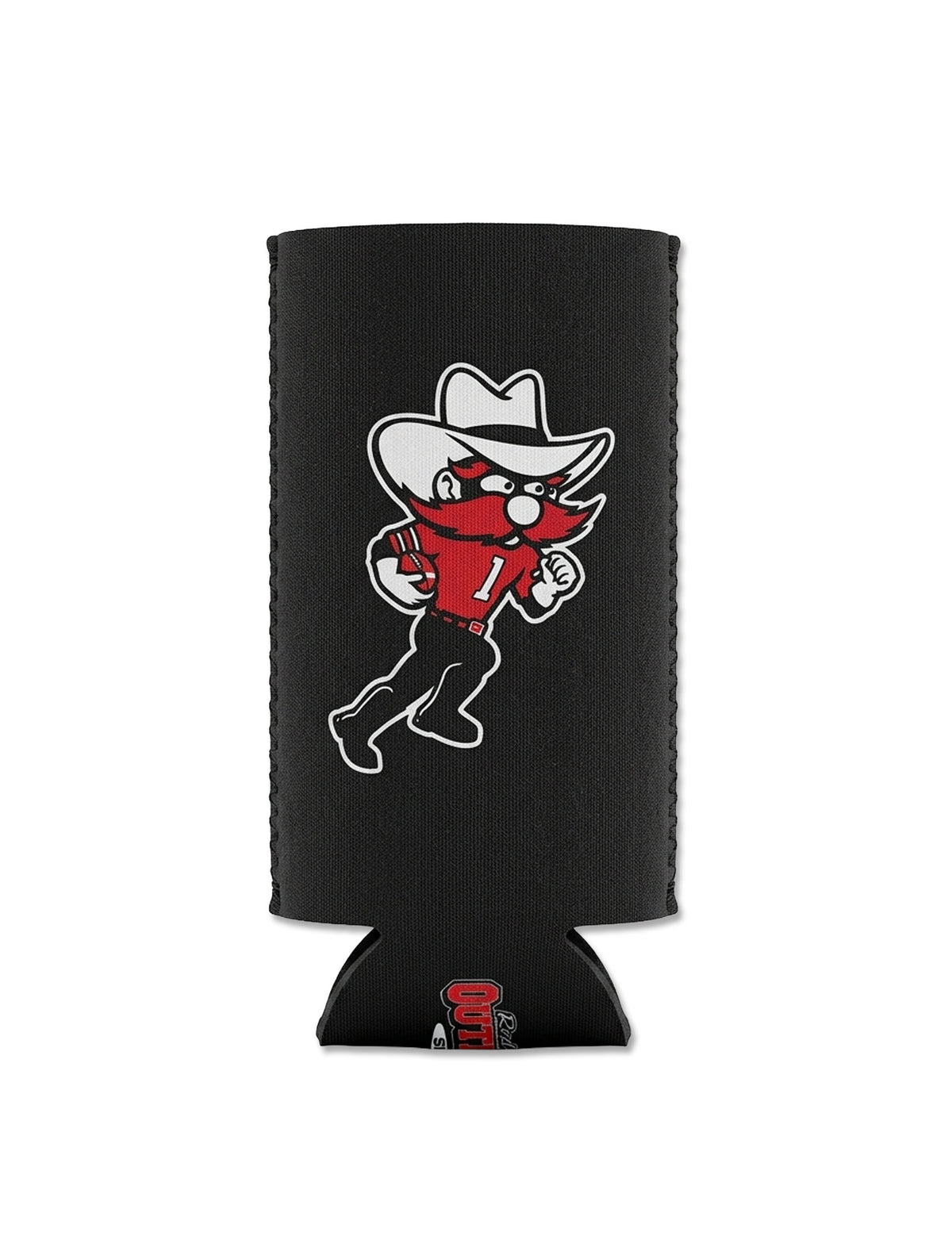 Texas Tech black slim can cooler with Raider Red running with a football on the front