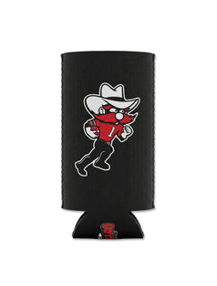 Texas Tech black slim can cooler with Raider Red running with a football on the front