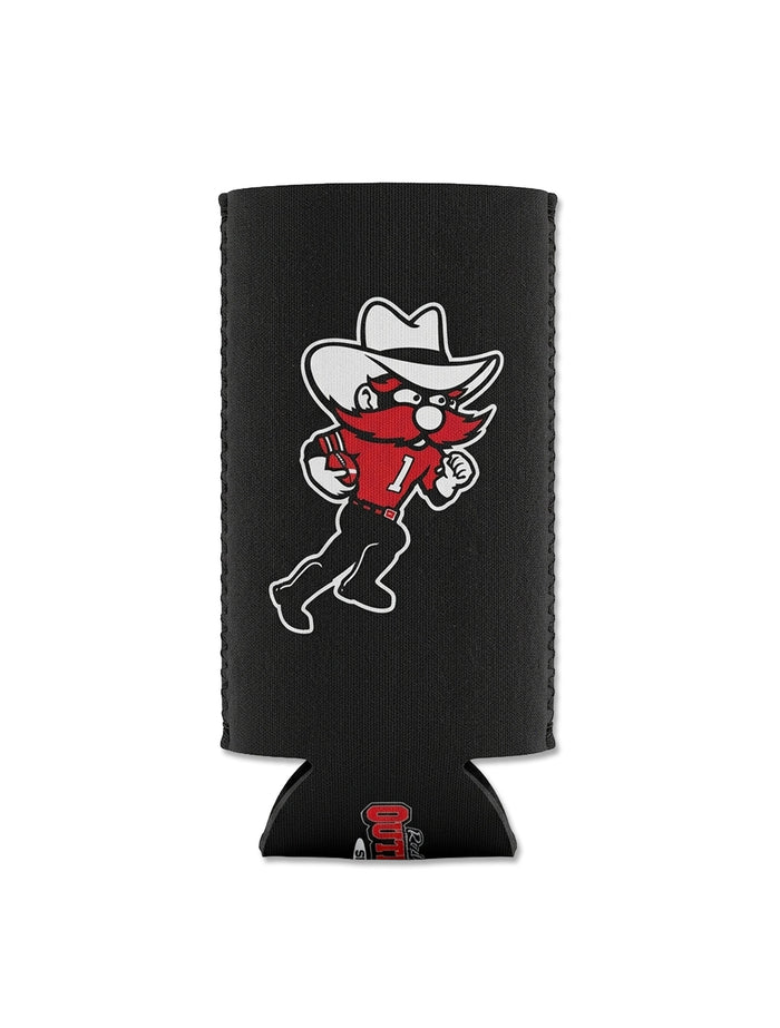 Texas Tech black slim can cooler with Raider Red running with a football on the front