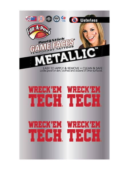 Texas Tech metallic Wreck 'Em Tech waterless face tattoos, a 4-pack of metallic red WRECK 'EM TECH peel-and-stick tattoos on a silver Fan-A-Peel card
