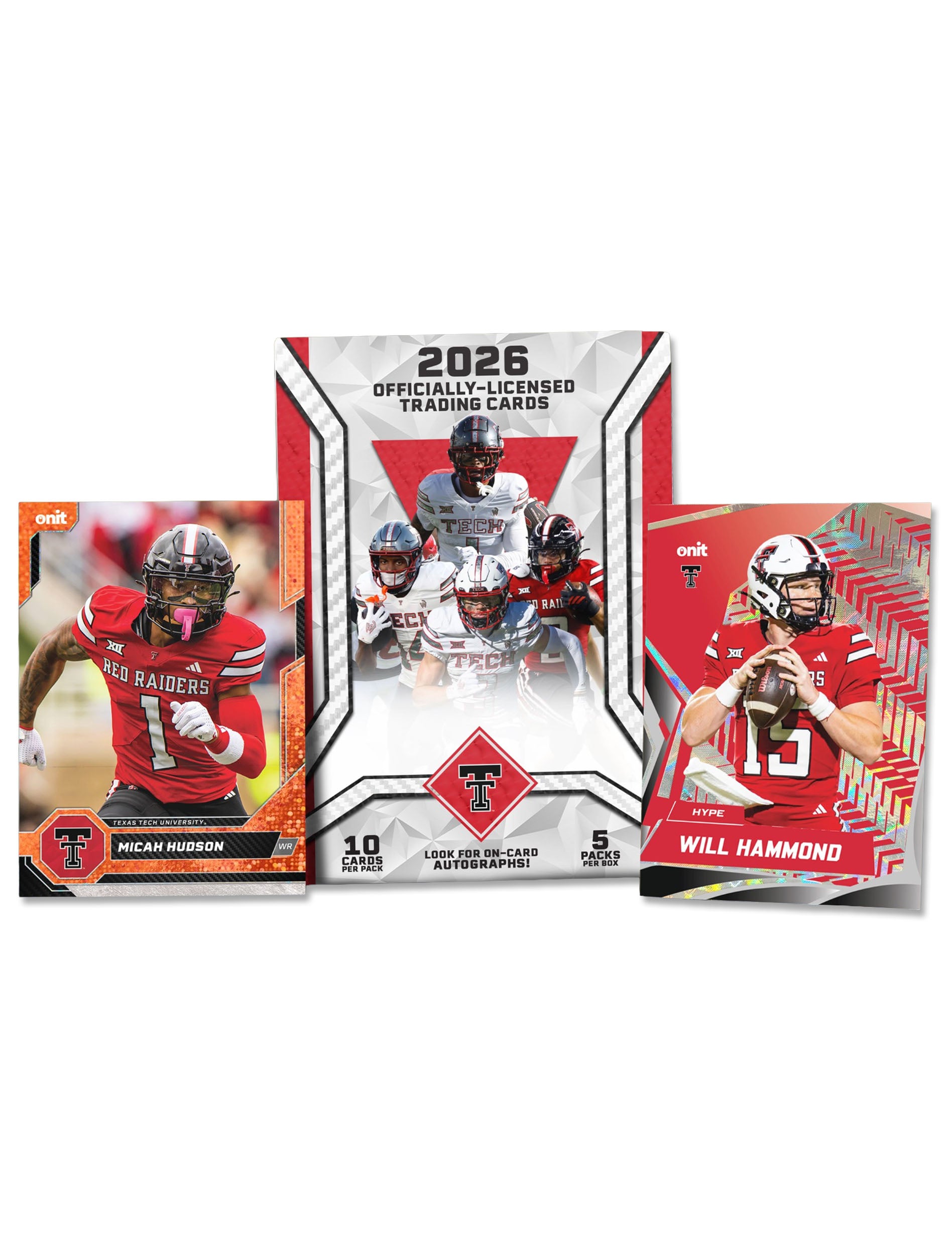 Onit 2026 Texas Tech blaster box shown with a Micah Hudson orange parallel card and a Will Hammond Hype card