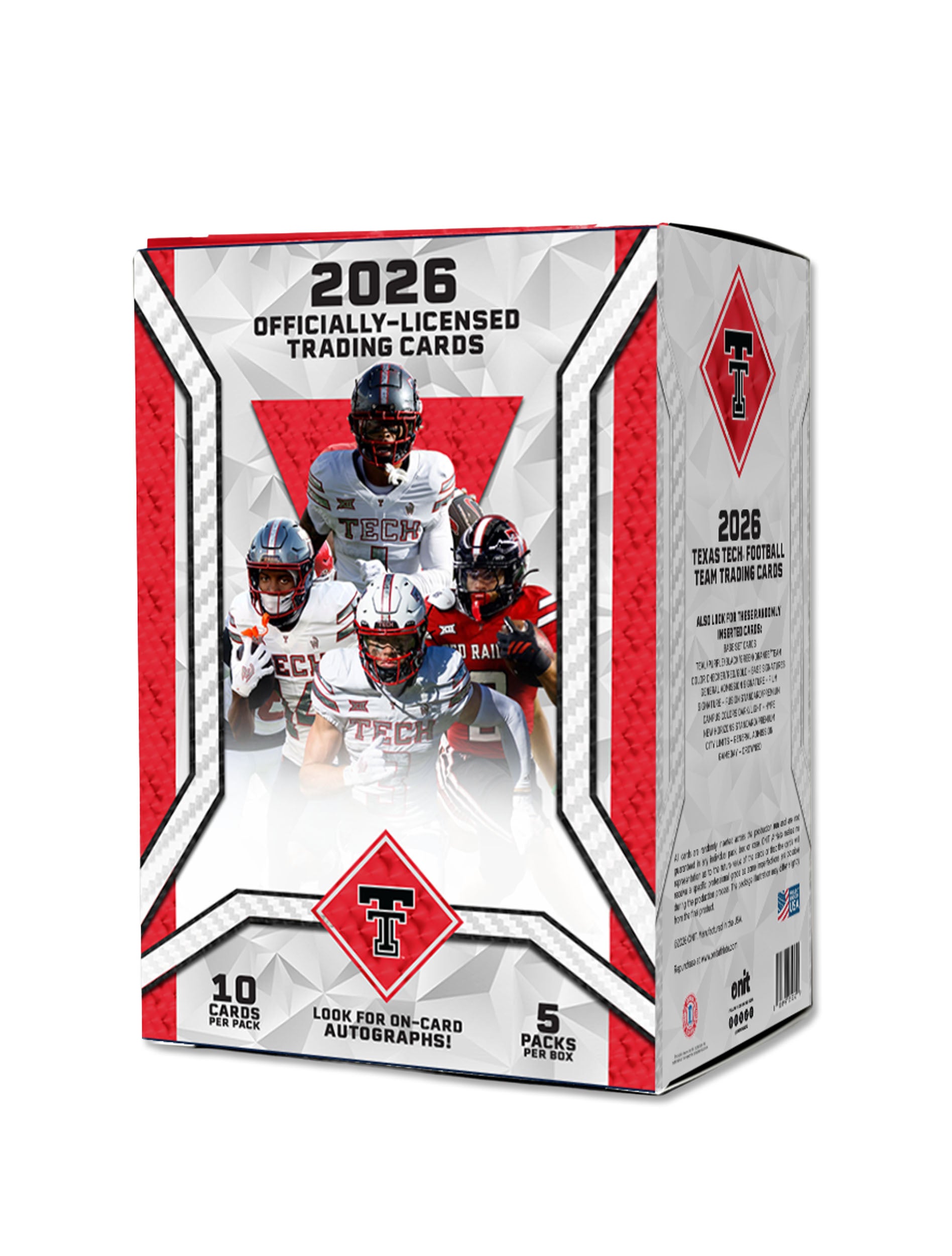 Onit 2026 Texas Tech officially licensed trading cards blaster box with Red Raiders players and the Double T, five packs of 10 cards per box