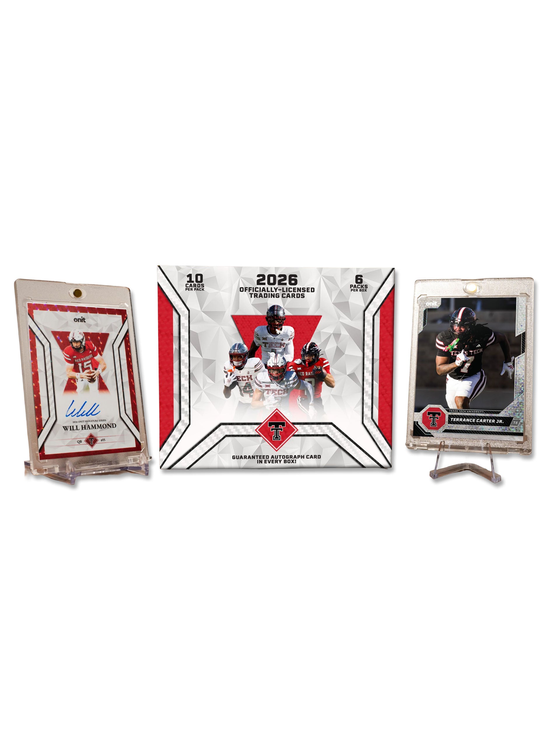 Onit 2026 Texas Tech platinum box shown with a Will Hammond autograph card and a Terrance Carter Jr. card in a protective case