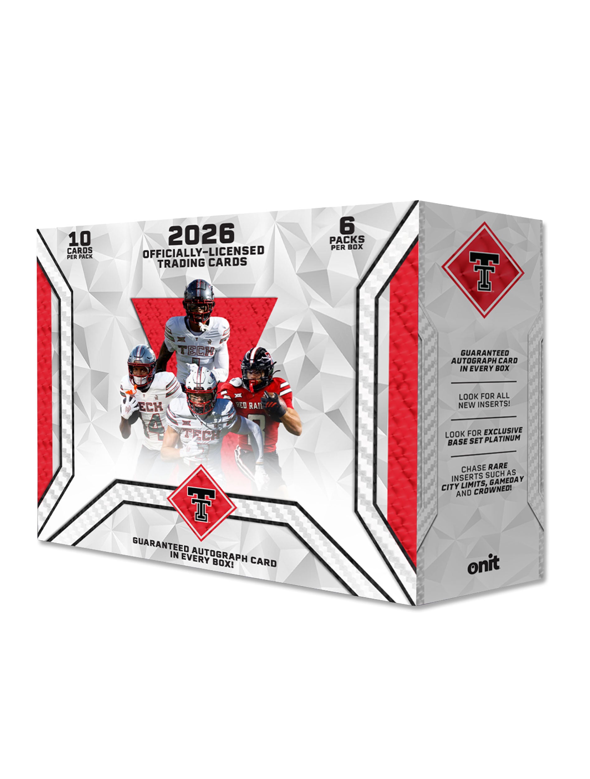 Onit 2026 Texas Tech officially licensed trading cards platinum box with Red Raiders players and the Double T, six packs of 10 cards and a guaranteed autograph card