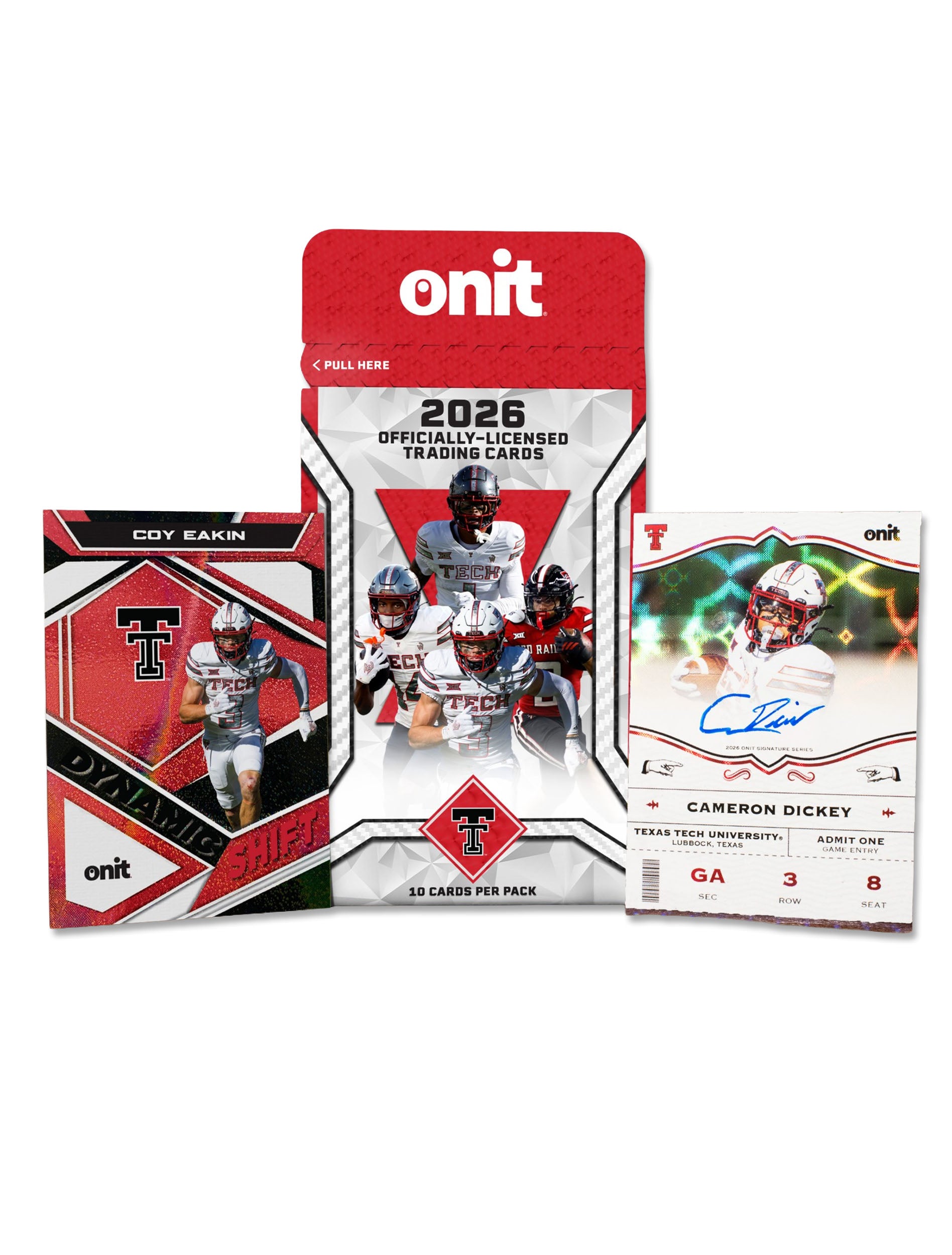 Onit 2026 Texas Tech single pack shown with a Coy Eakin Dynamic Shift card and a Cameron Dickey autograph ticket card