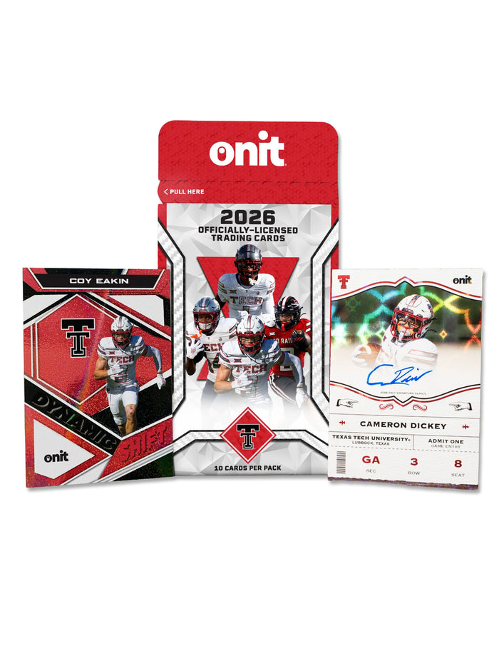 Onit 2026 Texas Tech single pack shown with a Coy Eakin Dynamic Shift card and a Cameron Dickey autograph ticket card