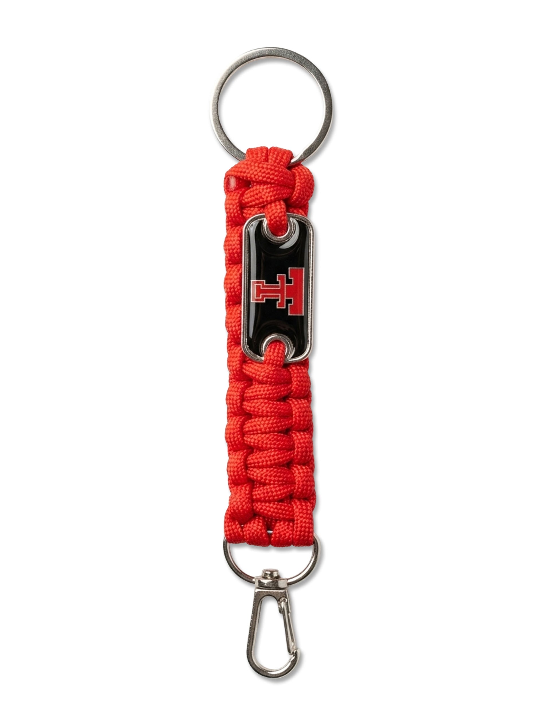 Texas Tech red woven paracord keychain with a throwback Double T on a black enamel plate, split ring at one end and a swivel clip at the other