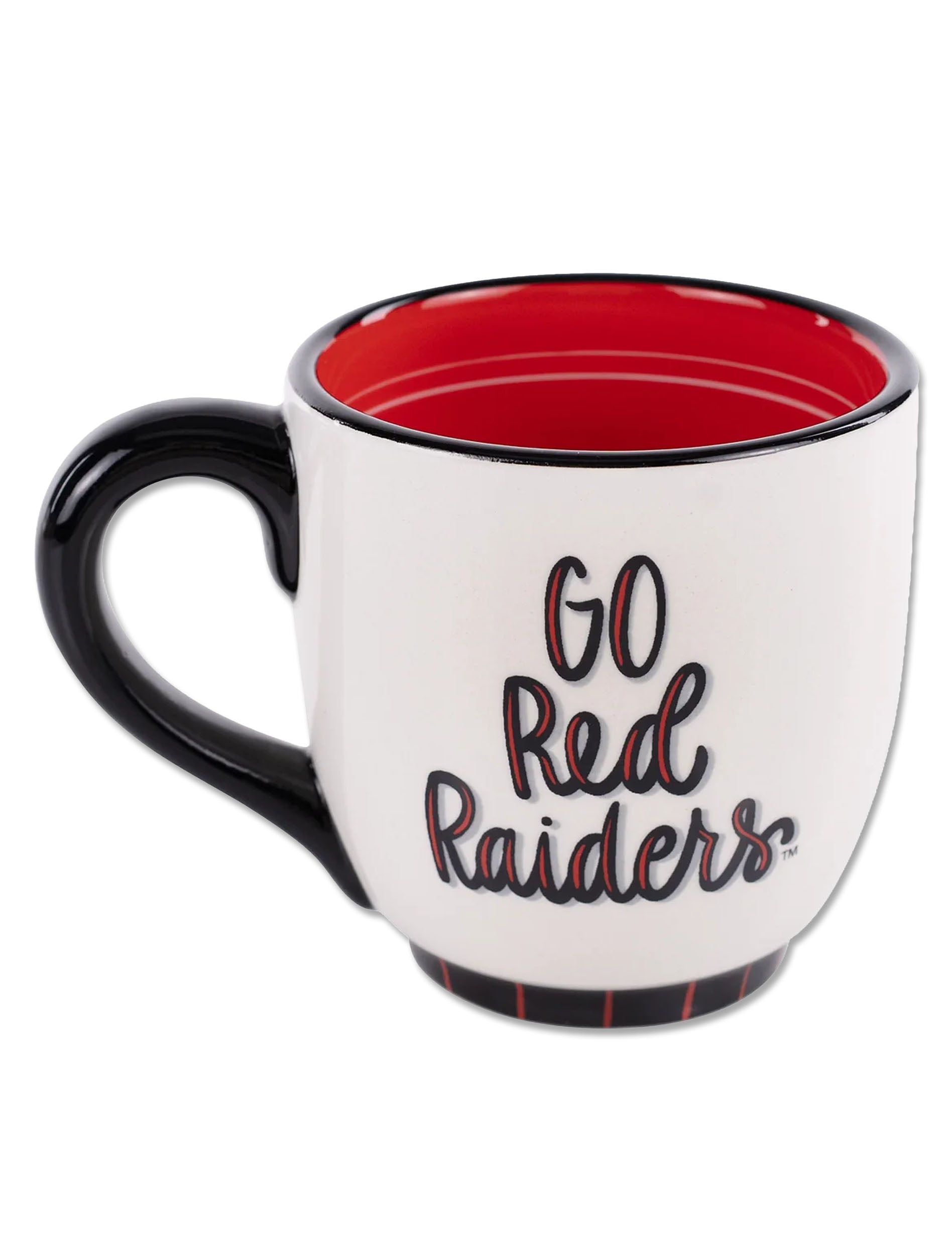 Reverse side of the mug with Go Red Raiders in red and black script above a striped foot
