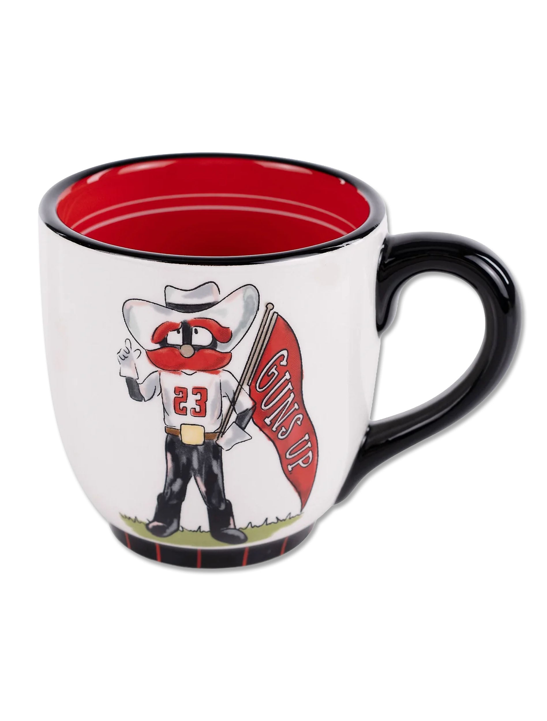 White ceramic mug with a black handle and red interior, showing Raider Red in his number 23 jersey holding a red Guns Up pennant