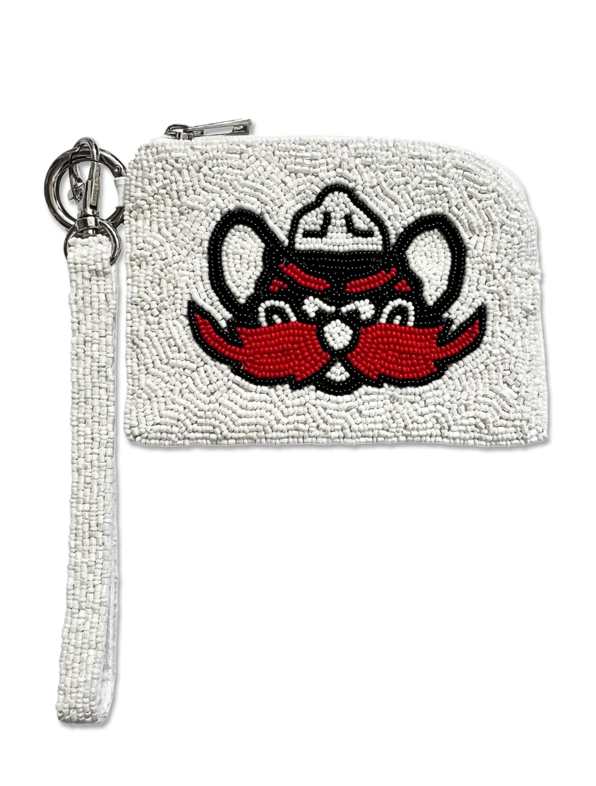 White beaded Texas Tech wristlet with Raider Red worked in black and red beads, a zip top and a detachable wrist strap